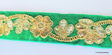 Burgundy / Green, Velvet Fabric Trim With Copper, Bronze & Gold Embroidery And Sequins
